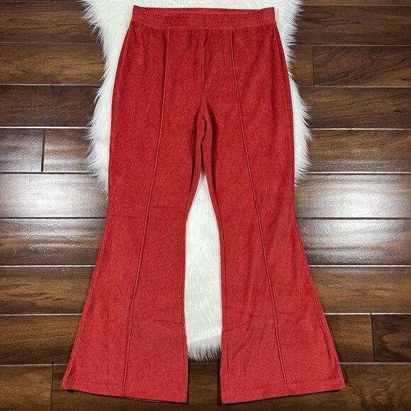 Aerie America Eagle Women's Size Large Red Velour Ribbed Flared High Rise Pants‎ - Picture 1 of 9